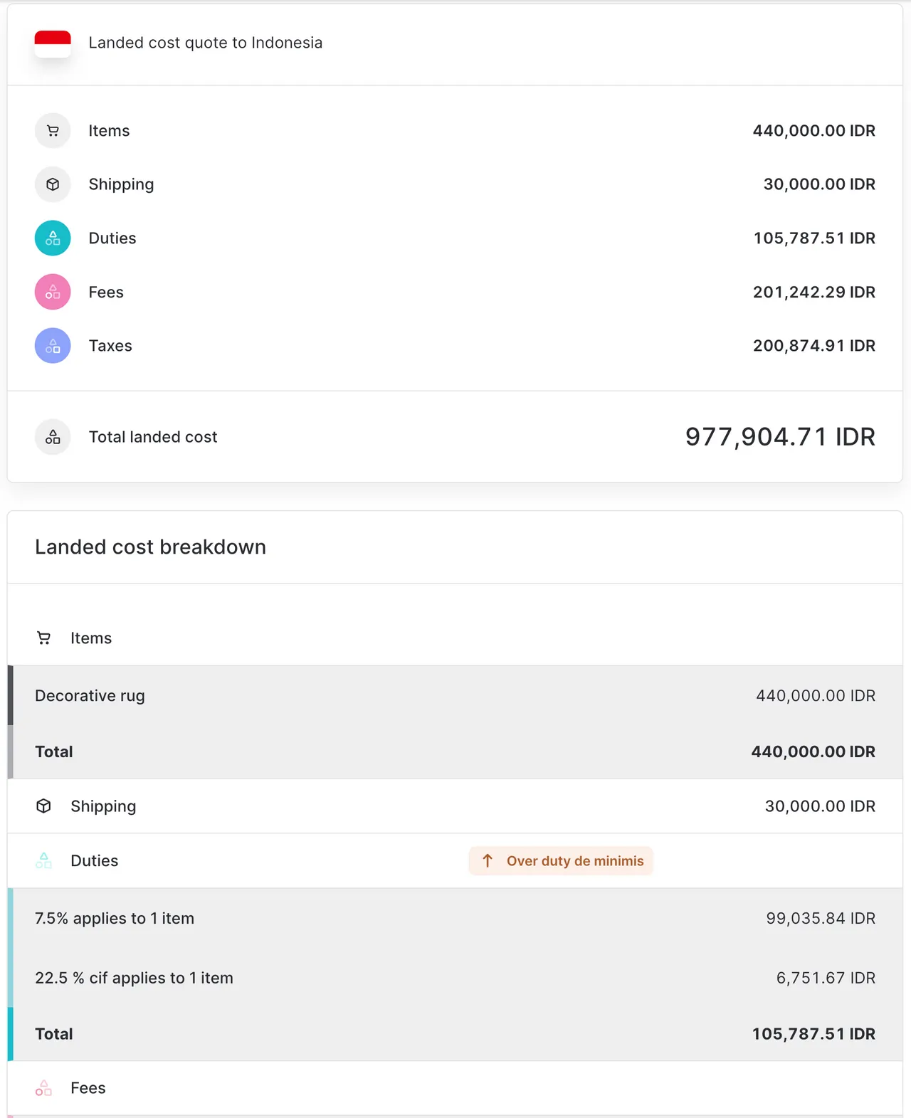 A landed cost example for a shipment to Indonesia above the de minimis
value